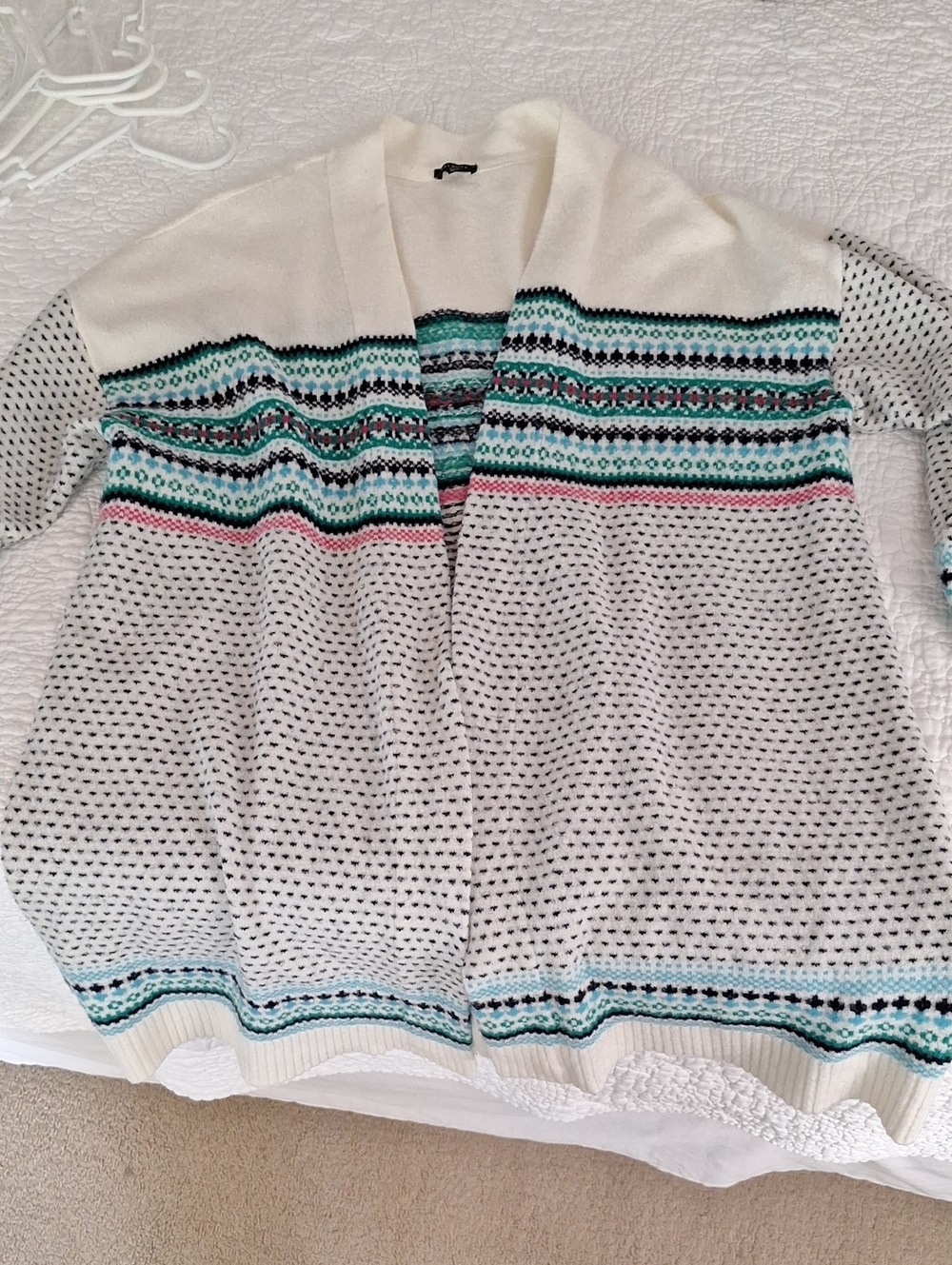 Talbots 2x Ivory navy blue kelly green hot pink Open Cardigan Fairisle